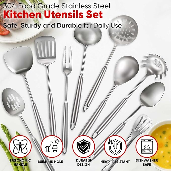 Newness 16 Pcs Cooking Utensils Set, 304 Stainless Steel Kitchen Utensils Set, Metal Kitchen Accessories, Include Soup Ladle, Slotted Skimmer Spoon, Spaghetti Spoon and Spatula, Dishwasher Safe