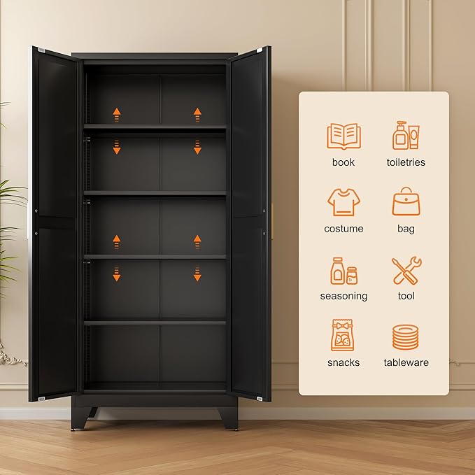 LCAOPC 71" Tall Metal Storage Cabinet with 2 Doors and 4 Adjustable Shelves, 5-Tier Kitchen Pantry Storage Cabinet for Kitchen, Living Room, Dining Room and Office, Black