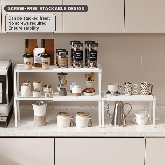 Magheo Expandable Cabinet Shelf Organizer, 2 Pack Stackable Kitchen Counter Shelf Riser, Metal Spice Rack Adjustable Heavy Duty Countertop Organizer Storage for Kitchen, Pantry, Cupboard, Rv (White)