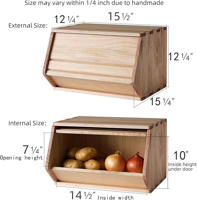 Stackable Solid Wood Storage Chests,Bins with Lids,Modular Wooden Multi-use Box,Closet Storage Organizers,Hall Entryway Cabinet,Drawers,Potato,Onion,Bread,Classify by Items,15.5”W(1 Pack)