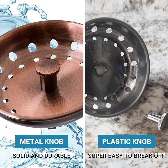 KONE Copper Kitchen Sink Strainer Basket, 2 Pcs Stainless Steel Antique Copper Sink Drain Strainer and Sink Stopper for Standard 3-1/2 inch Sink Drain, with Metal Center Knob and Rubber Drain Stopper