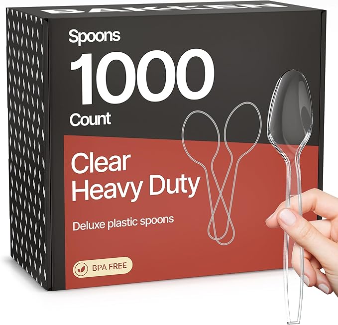 Bakken Disposable Cutlery Set 1000 Pieces Spoons, Heavy Duty Plastic Silverware, BPA-Free Food-Grade Materials, Heat-Resistant, Reusable Utensils for Parties, Catering, BBQs, and Everyday Use, Clear