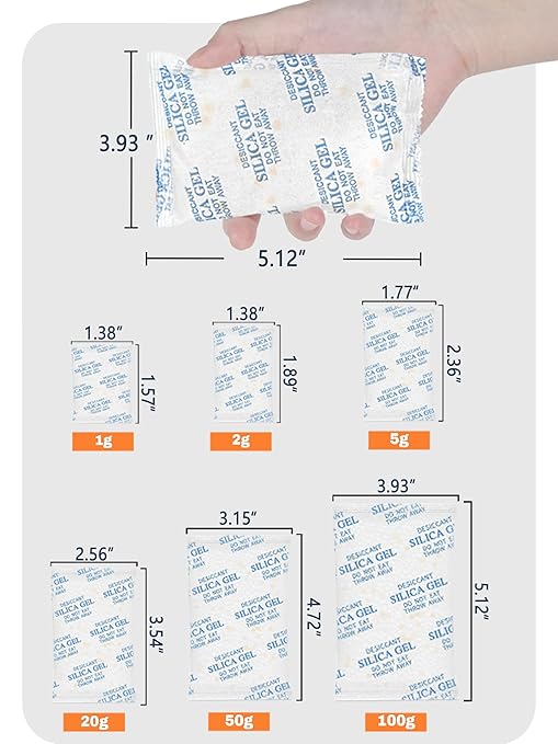 50 Gram (5 Pack) Color-Indicating Silica Gel Packets, Premium Food Grade Desiccant - Rechargeable Moisture Absorbers for Food Storage, Electronics, 3D Filament & Safes