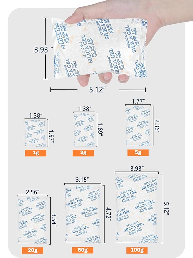 5 Gram (50 Pack) Color-Indicating Silica Gel Packets, Premium Food Grade Desiccant - Rechargeable Moisture Absorbers for Food Storage, Electronics, 3D Filament & Safes