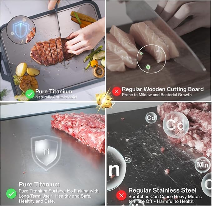 Titanium Cutting Board for Kitchen, Double Sided Pure Titanium and Wood Fiber Cutting Board with Juice Groove, Food Grade Material, Dishwasher Safe