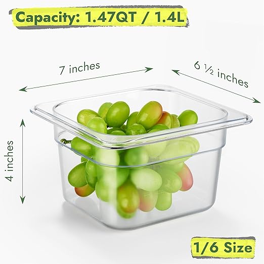 CURTA 6-Pack 1/6 Size 4" Deep NSF Polycarbonate Food Pans | Dishwasher & Freezer Safe Clear Container for Prep Tables, Buffet, Salad Bar, Commercial & Home Kitchen