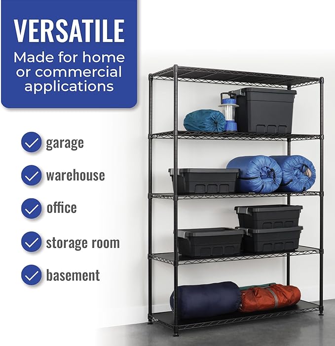SafeRacks - NSF Certified Storage Shelves, Zinc, Heavy Duty Steel Wire Unit with Adjustable Feet, Garage or Bakers Rack, Kitchen, Pantry Shelf - (48"x18"x72" 5-Tier) (Black)