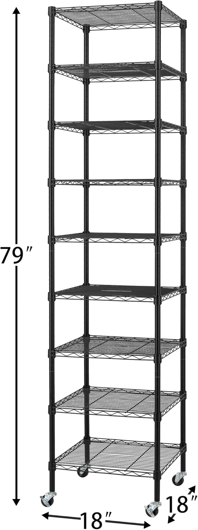 Finnhomy Heavy Duty 9 Tier Wire Shelving with Wheels 18x18x79-inches 9 Shelves Metal Storage Rack Thicken Steel Tube, Pantry Shelves for Storage, Adjustable Shelving Unit, NSF Certified, Black