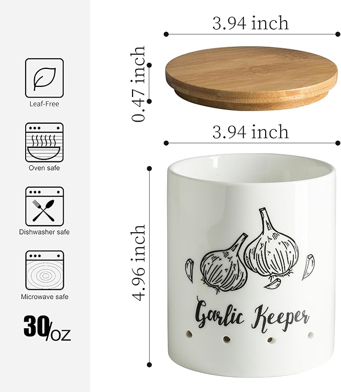 LYEOBOH Garlic Keeper, Garlic Storage, Garlic Holder, Large Ceramic Garlic Keeper with Wooden Lid, Garlic Jar, Garlic Storage Container, White