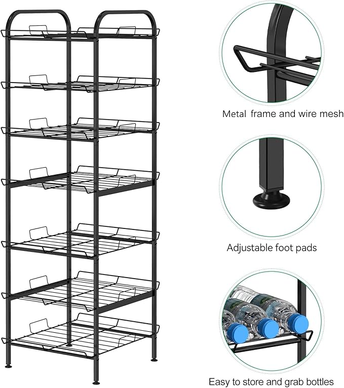 BTY Water Bottle Organizer 7 Tier Freestanding Water Bottle Storage Organizer Metal Bottle Rack Holder Stand Shelf for Kitchen Pantry Food Storage (Black)