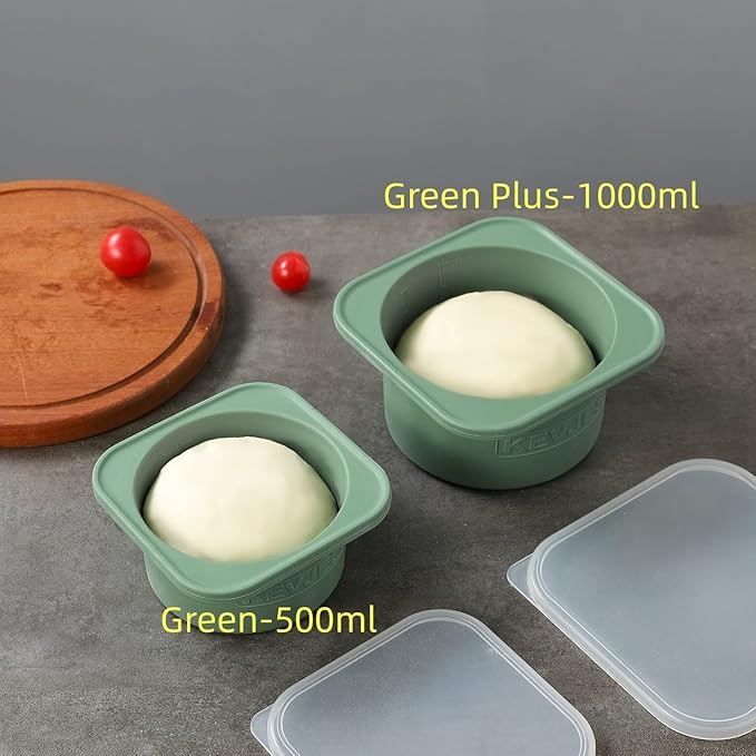 KEVJES PLUS-1000ml Pizza Dough Proofing Box for DIY Artisan Pizza, Food Grade Silicone Stackable Containers with Lids. Freezer, Fridge, Dishwasher Safe (2Green Plus+2Space Grey Plus)