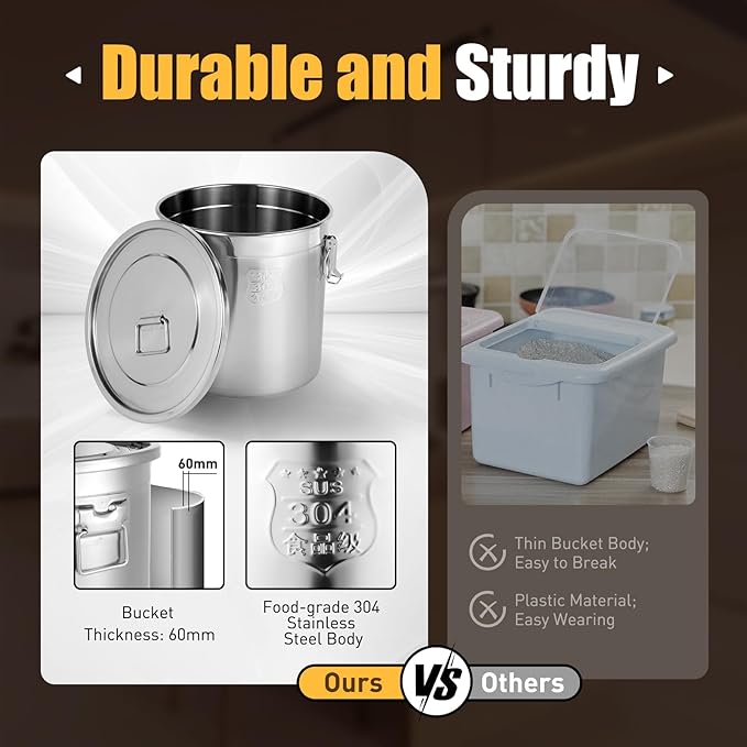 Stainless Steel Airtight Canister for Kitchen, 33L/8.7Gal Metal Food Storage Container Flour Bucket with Lid & Clamps, Bean Rice Cereal Canister Holder for Kitchen Restaurant, D15*H14.2in