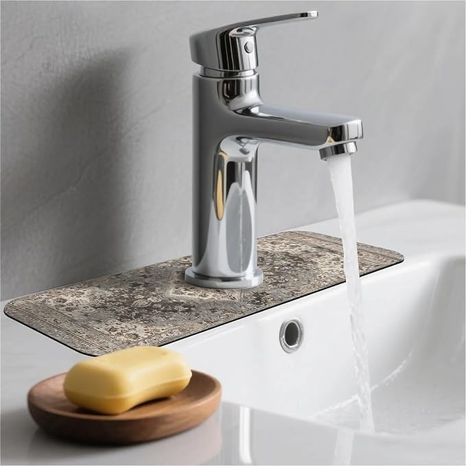 Kitchen Sink Splash Guard，Beige vintage Persian style Faucet Mat Sink Gadgets-Super Absorbent Fast Drying Mat Drip Catcher for Kitchen, Bathroom,Sink Mat, Dish Drying Mat, Bathroom(15" X 5.5" )
