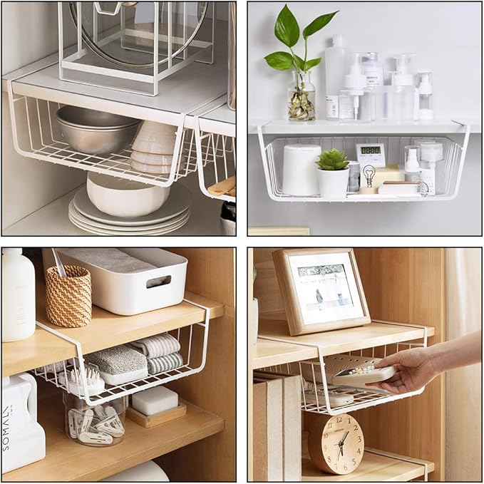 4 Pack Under Shelf Basket, Dveda Durable Metal Wire Rack Hanging Shelf Storage Basket, Under Cabinet Organizer Shelf for Kitchen/Pantry/Bathroom/Desk - Slide Arms Height:1.45 in(White)