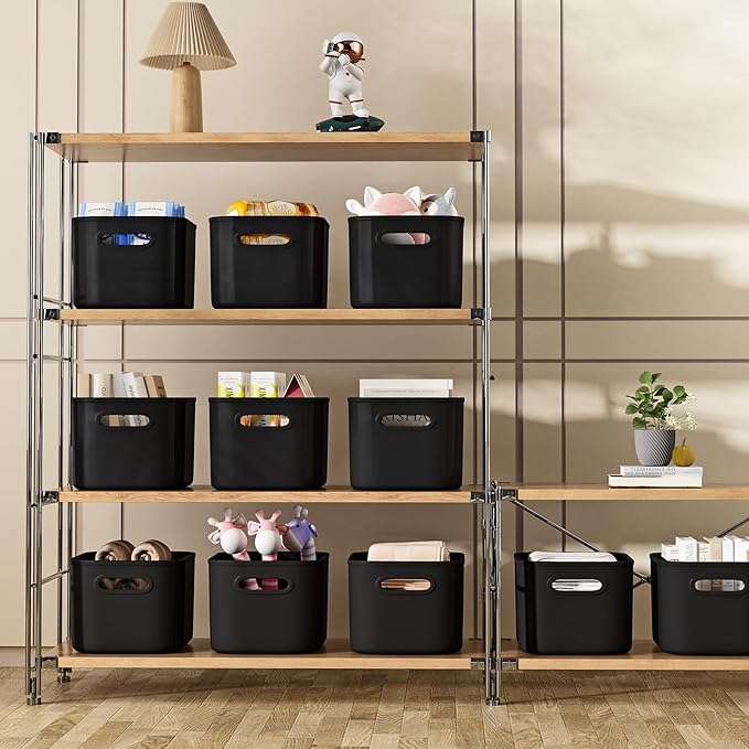 12 Pack Black Storage Bins for Shelves, Plastic Storage Containers for Organizing, Stackable Storage Boxes with Handle, Black Storage Bins for Classroom, Craft, Snacks, Cabinet, 9.7x6.7x5.7inch