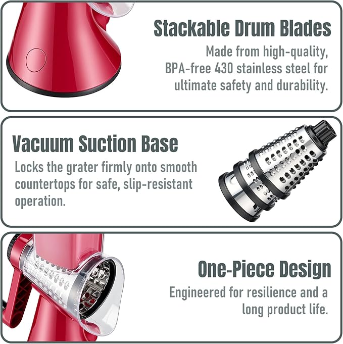 Rotary Cheese Grater with Handle - 3 in 1 Vegetable Slicer Shredder, Kitchen Mandoline with 3 Premium Stainless Steel Blades & Strong Suction Base, Easy Clean Food Chopper for Cheese Vegetables Fruits