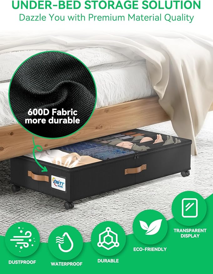 Under Bed Storage with Wheels, 2-Pack 58L Under the Bed Storage Containers with Lids, 1-Pack 15L Box, Organizer Bins Rolling Underbed Storage for Clothes, Underwear, Socks, Shoes - Delicate