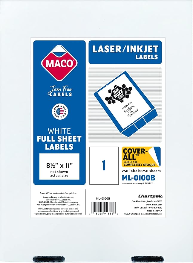 MACO White Cover-All Shipping Labels for Laser and Ink Jet Printers - Printable Mailing Address Labels, Blank Paper Stickers - 8.5" x 11", 1 per Page, 250 per Box (ML-0100B)