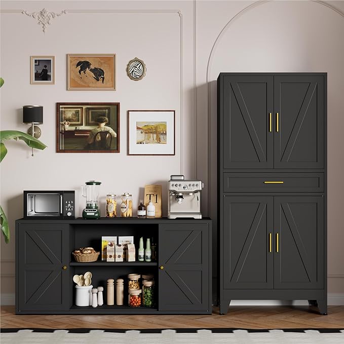 LCAOPC 71" Tall Pantry Storage Cabinet with Drawer and Adjustable Shelves, Freestanding Tall Kitchen Cupboard Storage Cabinet for Kitchen,Dining Room, Living Room, Black