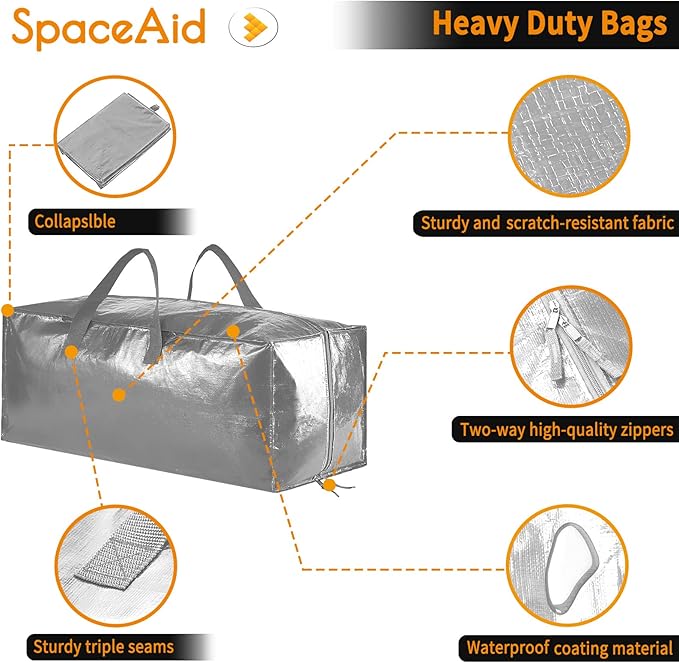 SpaceAid Heavy Duty Moving Bags, Extra Large Storage Totes W/Backpack Straps Strong Handles & Zippers, Alternative to Moving Boxes, Packing & Moving Supplies, Gley (4 Pack)