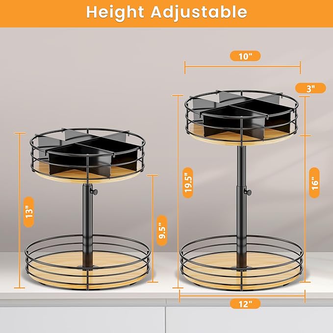 HISKIWUU 2-Tier Rotating Snack Organizer - Height Adjustable Lazy Susan Turntable for Kitchen Countertop, Black