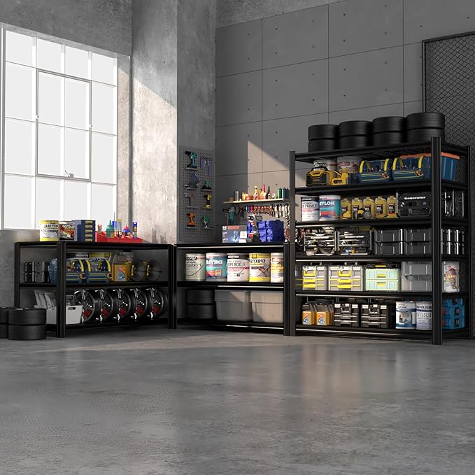 6 Tier Metal Shelving Unit, Adjustable Storage Shelves, 84" H x 55" W x 24" D Heavy Duty Garage Shelves for Warehouse, Basement, Kitchen, Pantry, Living Room, Black (6T 84 * 55 * 24)