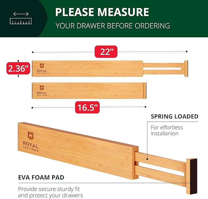 Bamboo Drawer Dividers Organizers, Adjustable Drawer Separator Splitters, 17–22 Inches Expandable Drawer Divider Organizer for Large Utensils, Kitchen, Bedroom, Dresser & Office Drawers 4-Pack