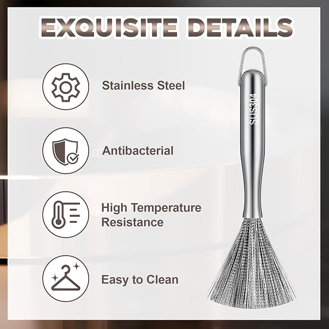 4 Pcs Stainless Steel Dish Brush with Handle Heavy Duty Kitchen Scrub Brush for Dishes Pots and Pans 304 Stainless Steel Long Handle Washing Brushes Metal Scrubber for Dishwashing Cleaning