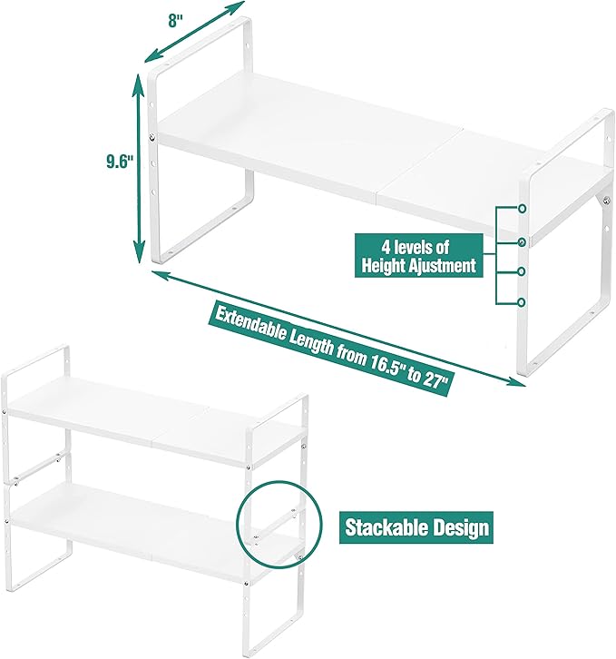 SUZLON Expandable Cabinet Shelf Organizer Rack, Stackable Kitchen Counter Storage Shelves Stand, Adjustable Height Pantry Shelf Spice Rack, Heavy Duty Nonslip White Small 2Pack