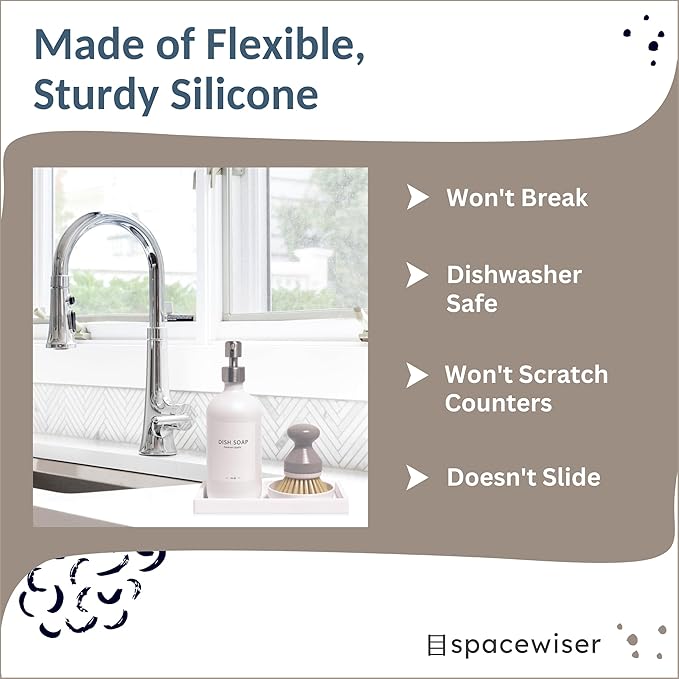 Spacewiser Countertop and Vanity Tray - Small 7.7” Silicone Tray for Soap Dispenser, Bathroom Trays, Dish Soap Trays for Kitchen Counter, Sink Caddy Sinks Organizer, Soaps Dish & Sponge Holder, White