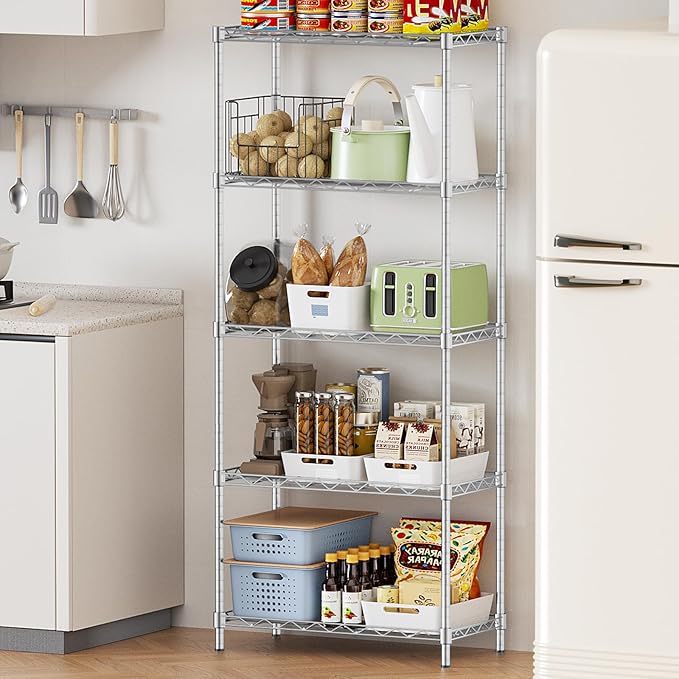 Storage Shelves,21.3"W*11.8"D*58.5"H Kitchen Wire Shelving Unit Loads 550LBS,5-tier Adjustable Metal Utility Shelf,Garage Shelves,Home Storage Rack for Kitchen,Laundry,Pantry and Closet,Chrome