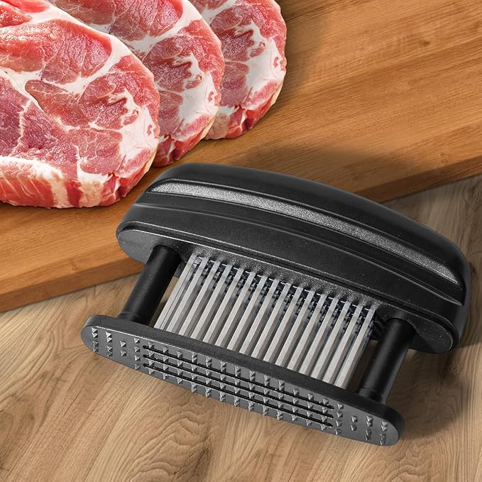 KEOUKE Meat Needle Tenderizer Black - 48 Stainless Steel Sharp Needles with Protective Cover, Compact Tenderizer for Beef, Chicken & Steak, Dishwasher Safe, Meat Mallet Alternative
