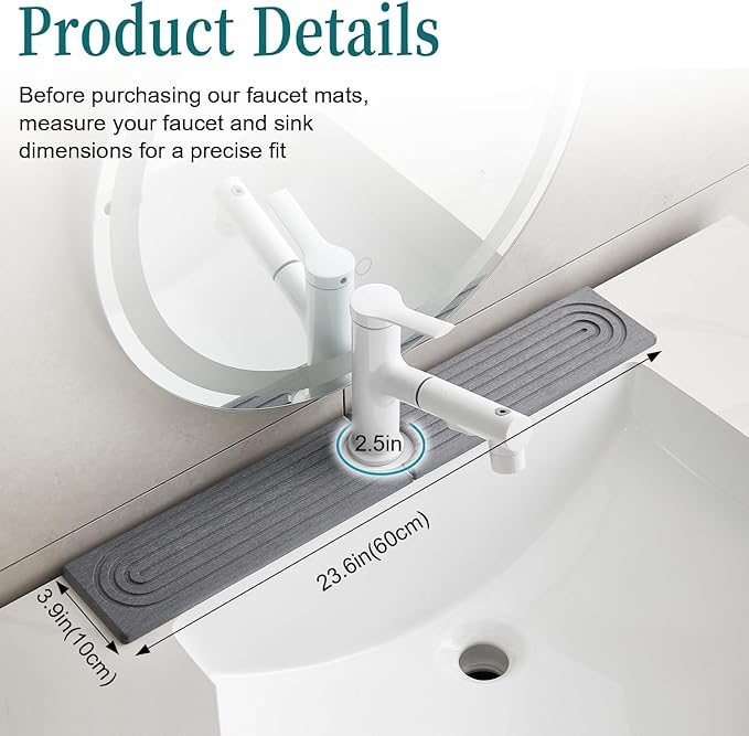 23.6 Inch Water-Absorbing Stone Faucet Mat for Kitchen Sink Bathroom Counter，Dark Grey Diatomite Drying Stone Mat, Sink Stone Tray Protector,Prevent Moisture Sink Splash Guard