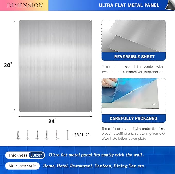 Stainless Steel Backsplash for Stove 24"x30" Stove Backsplash Protector for Wall Metal Range Splash for Kitchen Wall with Screw Included（0.0276" Thick)