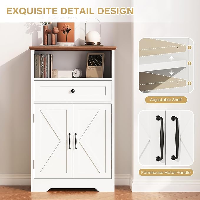 Viroformo Floor Cabinet, Farmhouse Storage Cabinet with Barn Doors and Drawer, 11.81" D x 23.62" W x 39.37" H White Freestanding Adjustable Shelf Organizer for Bathroom, Kitchen, Living Room