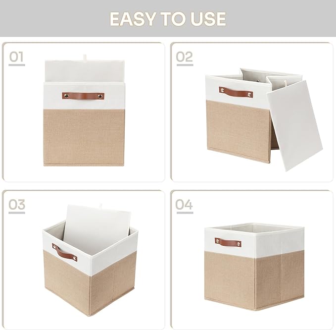 HNZIGE Fabric Cloth Storage Bins for Cube Organizers, Set of 4 Fabric Foldable Canvas Storage Bins for Shelves, Toy Nursery Closet Bedroom(Beige&White)
