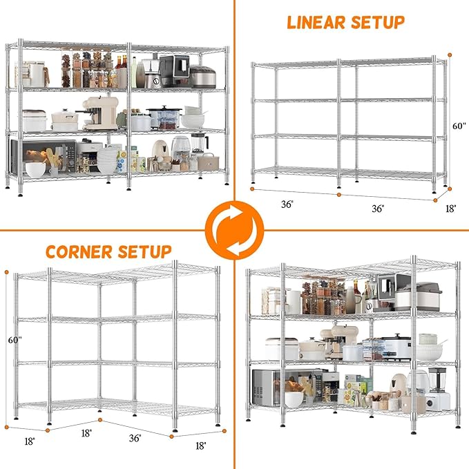 Homdox Heavy Duty Storage Shelves, 4 Tier Wire Shelving Unit, Adjustable Metal Shelves for Storage, Garage Rack Pantry Shelves Kitchen Shelving, 18"x72"x60", Silver Gray
