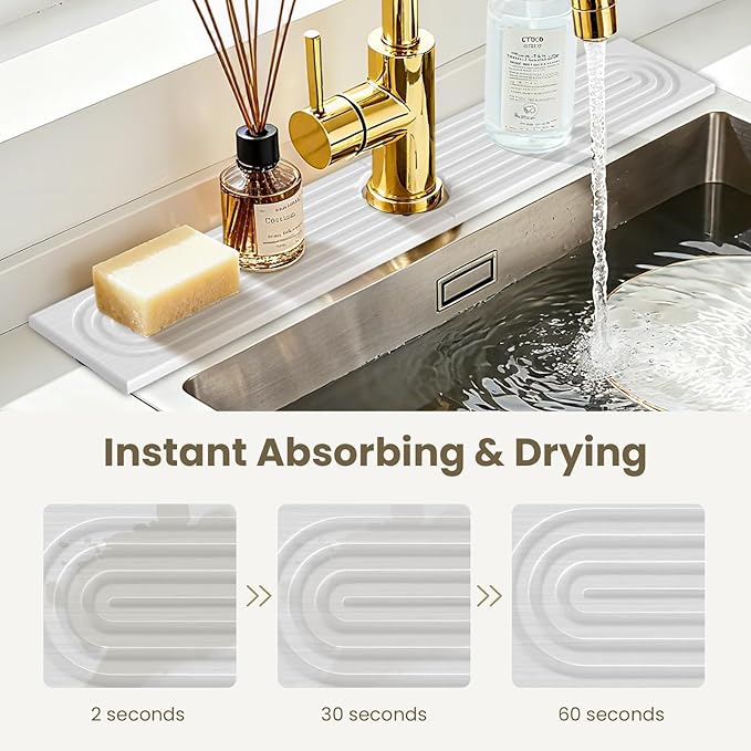 Faucet Mat for Kitchen Sink, Water Absorbent Kitchen Faucet Mat, Durable Sink Splash Guard with Raised Feet, Diatomite Fast Drying Kitchen Sink Faucet Mat, Bathroom Stone Drying Tray for Counter