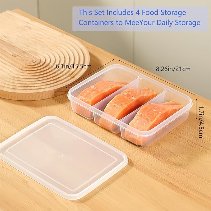 4 Pcs Reusable Food Storage Containers with Lids, Food Containers for Storing fruits, Meat, Snacks Spices、Seasonings and Vegetables.(3 Compartments)