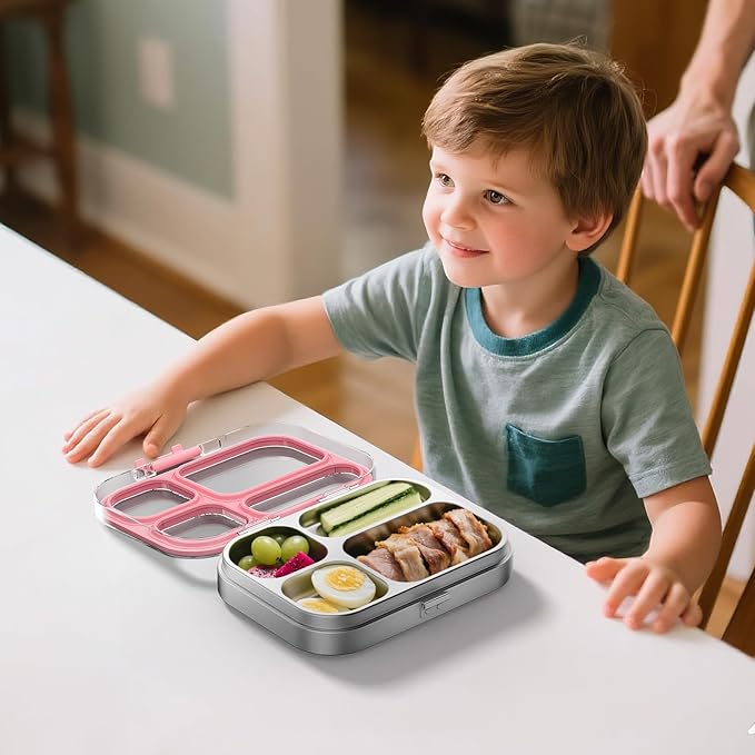 G.a HOMEFAVOR Stainless Steel Lunch Box - 4 Compartments Bento Box for Kids, Leakproof Metal Food Container for School, Office, Dishwasher Safe, Shatterproof, 27 oz, Pink