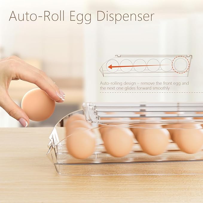 Egg Holder for Fridge 16 Capacity Automatic Rolling Egg Organizer for Refrigerator, Clear Stackable Container for Kitchen or Pantry Storage 1 Pack