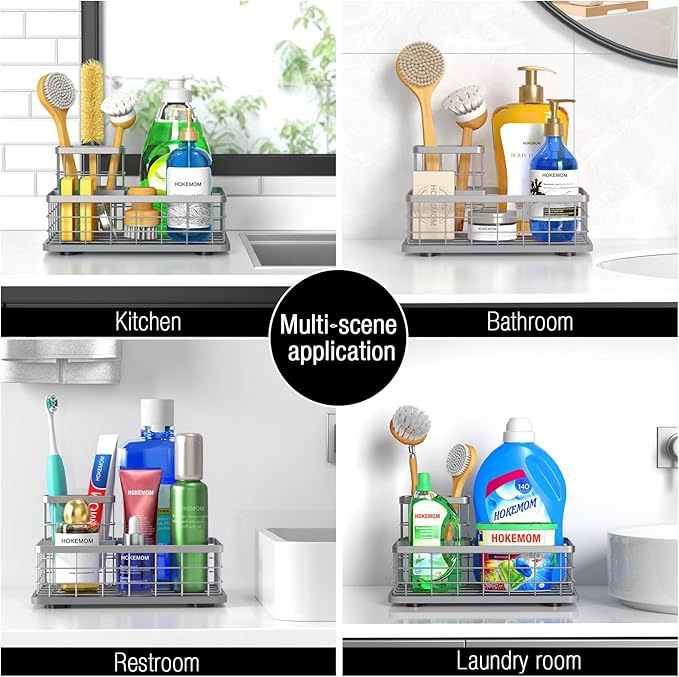 Large Family-Sized Sponge Holder for Kitchen Sink, Sink Caddy Organizer with Brush Holder - Drain-Free Non-Slip Base, Stainless Steel with Rust-Resistant Coating-10.24" L x 6.5" W x 5.83" H