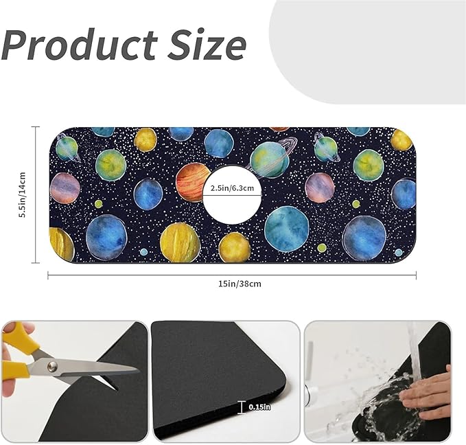 Kitchen Sink Splash Guard，Colorful planets Faucet Mat Sink Gadgets-Super Absorbent Fast Drying Mat Drip Catcher for Kitchen, Bathroom,Sink Mat, Dish Drying Mat, Bathroom(15" X 5.5" )