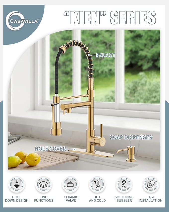 Kitchen Faucet with Soap Dispenser, Brushed Gold Kitchen Faucet, Kitchen Faucets with Pull Down Sprayer and Deck Plate, Stainless Steel Spring Camper Laundry RV Faucets for Kitchen Sinks