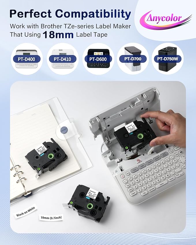 Anycolor TZe-241 TZ Tape 18mm Laminated White Replacement for Brother P Touch 3/4'' (0.7") Label Maker Tape TZe241 for Brother Ptouch PT-D400 D410 D600 D610BT D460BT Refills, 5-Pack