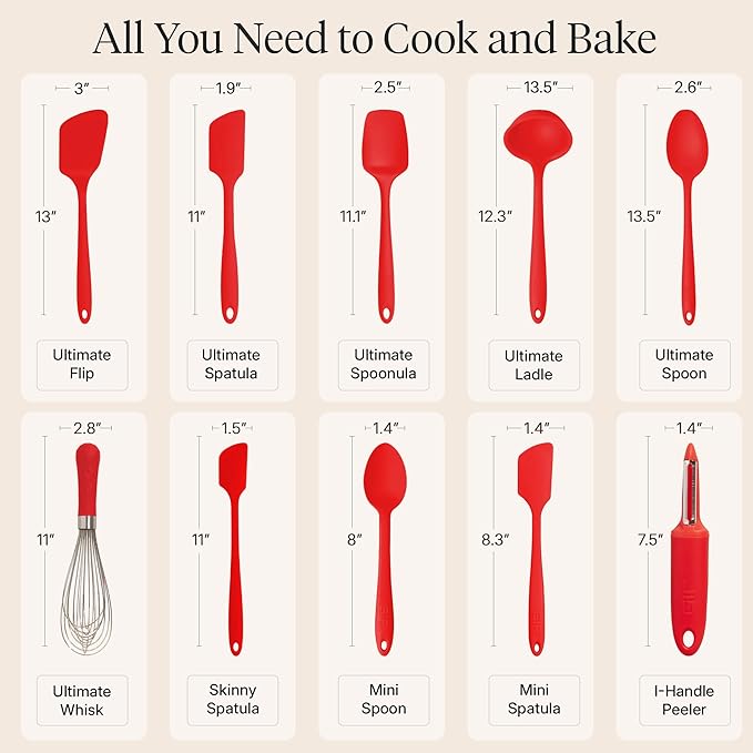 GIR: Get It Right 10-Piece Silicone Ultimate Kitchen Utensil Set – Spatulas, Ladle, Flip, Spoons, Whisk, Peeler & Spoonula – Nonstick, Non-Toxic, Heat-Resistant – Red
