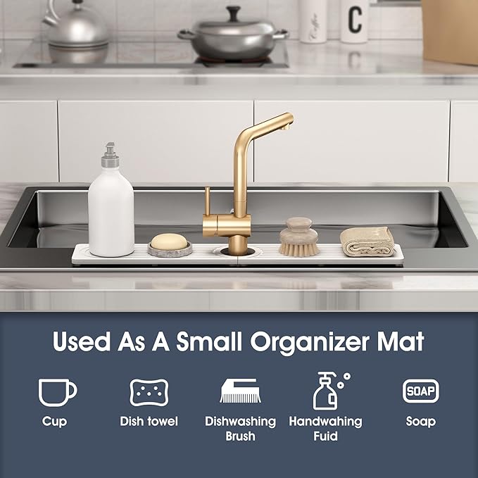 Quick Drying Stone Faucet Mat for Kitchen Sink - Diatomite Sink Mat Absorbing Stone Tray for Bathroom Counter, Sink Faucet Splash Guard Water Protector Matt for Kitchen Counter(White, 20" x 3.9")