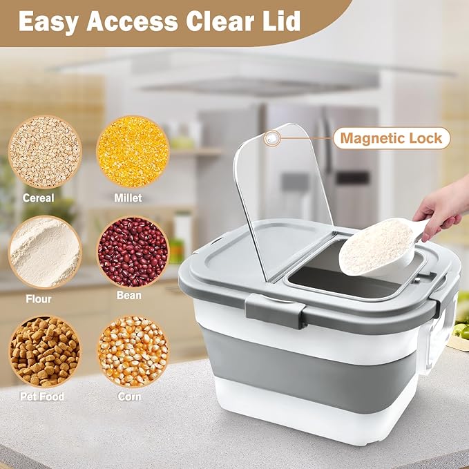 Rice Storage Container, Collapsible Airtight 10-40 Lb Rice Storage Container, Pet Dog Food Storage Container 25lb, Rice Dispenser Bin with Cup and Scoop for Flour Cereal Pasta Grain, Cat Bird