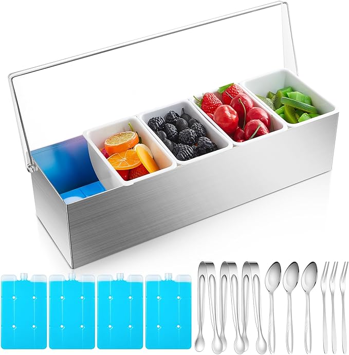 Mifoci 1 Pack Stainless Steel Chilled Condiment Server 5 Removable Slot Toppings Containers with Lid and Bottom Ice Bar Garnish Tray with 9 Silverwares 4 Ice Boxes for Christmas Party, Events and Bar