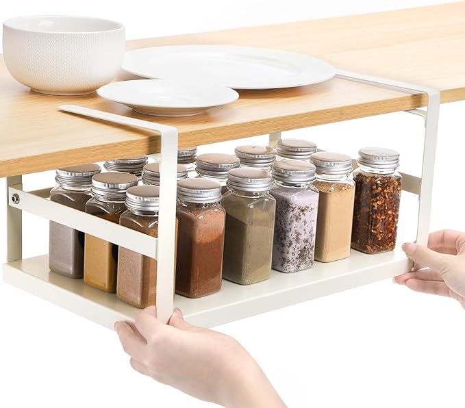 Tebery 2 Pack Under Shelf Storage Basket Sturdy, Slide-in Hanging Storage Basket for Kitchen, Metal Under Cabinet Shelves Organizer Rack, Space Saver Basket Shelf for Cabinet, Pantry, Desk, Cupboard